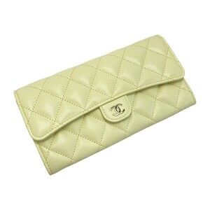 CHANEL Matelasse Classic Flap Long Wallet Yellow Coco Mark Caviar